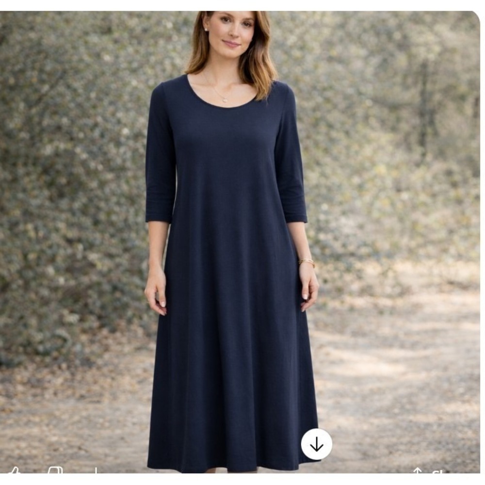 Flax Midi Dress Navy Blue‎ 3/4 Sleeve Womens SM Preppy Minimalist Comfy Cottage